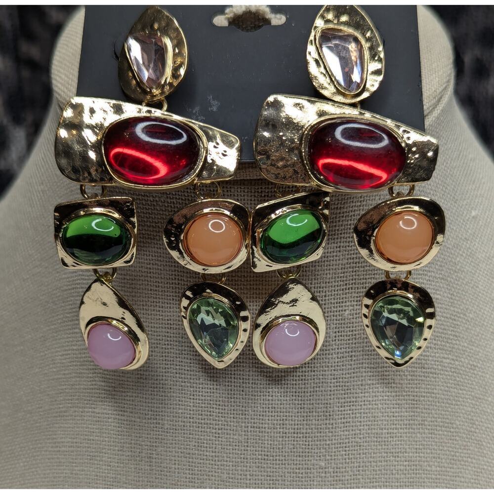 nOir Gemstone Earrings Vibrant Colors On Gold Tone Dangles